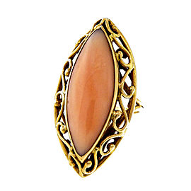 Vintage Large Marquise Natural Angel Skin Coral 14k Yellow Gold Ring Size 7