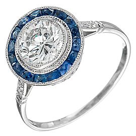 Vintage Platinum European Ideal Cut Diamond and Calibre Cut Blue Sapphire Engagement Ring Size 7