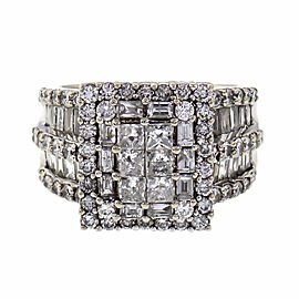 Rectangular Diamond Cluster Ring Princess Baguette Round 14k White Gold