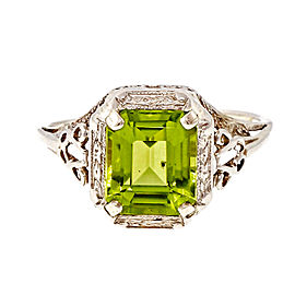 Vintage Filigree 14k White Gold 1940 Peridot Emerald Cut Ring Size 7