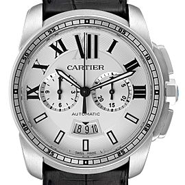 Calibre De Cartier Steel Chronograph Silver Dial Mens Watch