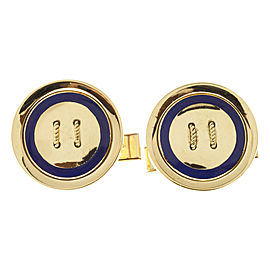 Vintage Blue Enamel Button Style 18k Gold Cuff Links