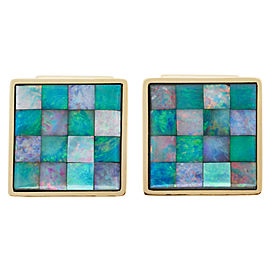 Vintage Opal Mosaic Square Cuff Links 18k Yellow Gold Italian