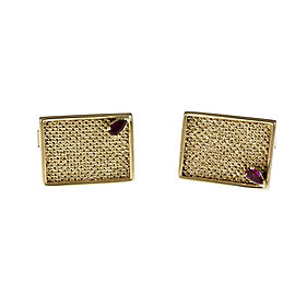 Vintage 1960 Rectangular Textured Cuff Links 14k Yellow Gold Ruby Accents