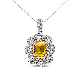 18K Yellow and White Gold 1.75 Cttw Diamond Lab Grown Treated Yellow Emerald Center Diamond Halo 18" Pendant Necklace (Yellow/G-H Color, VS1-VS2 Clarity)