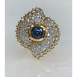 18K Yellow Gold Cushion Cut Blue Sapphire Diamond Ring