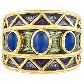 AMR Shaker 18 Karat Wide Gold, Three Oval Cabochon Sapphire and Enamel Ring