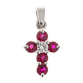 New Ideal Cut Gem Red Ruby Colorless Diamond 14k White Gold Cross Pendant