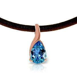 14K Solid Rose Gold & Leather Necklace with Blue Topaz