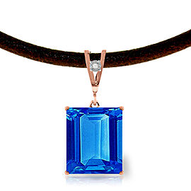 14K Solid Rose Gold & Leather Necklace withDiamond & Blue Topaz
