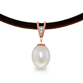 14K Solid Rose Gold & Leather Necklace with Diamond & Cultured Pearl
