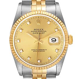 Rolex Datejust Steel Yellow Gold Champagne Diamond Dial Mens Watch