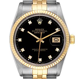 Rolex Datejust 36 Steel Yellow Gold Black Diamond Dial Vintage Mens Watch