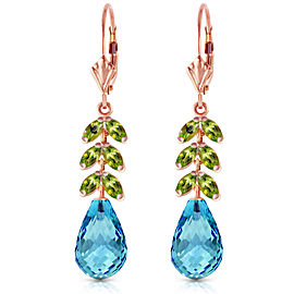 14K Solid Rose Gold Leverback Earrings with Peridot & Blue Topaz