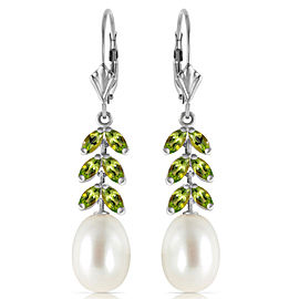 9.2 CTW 14K Solid White Gold Time Together Peridot Cultured Pearl Earrings