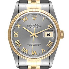 Rolex Datejust Steel Yellow Gold Silver Roman Dial Mens Watch