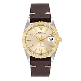 Rolex Turnograph Datejust Steel Yellow Gold Brown Strap Vintage Watch