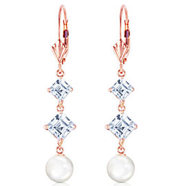 14K Solid Rose Gold Chandelier Earrings with Aquamarines & Cultured Pearls