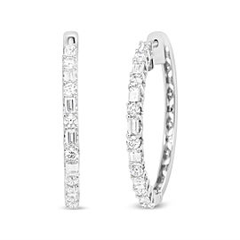 14K White Gold 1 3/4 Cttw Round and Baguette Diamond Hoop Earrings - (H-I Color, SI2-I1 Clarity)