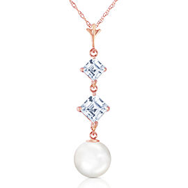 14K Solid Rose Gold Necklace with Natural Aquamarines & Cultured Pearls