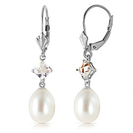 9 CTW 14K Solid White Gold Uniqueness White Topaz Cultured Pearl Earrings