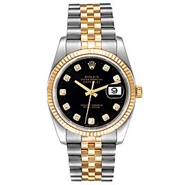 Rolex Datejust 18k Steel Yellow Gold Black Diamond Mens Watch