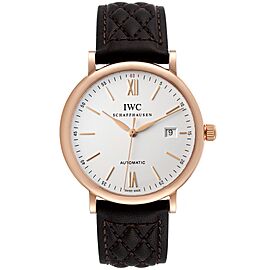 IWC Portofino 18k Rose Gold Silver Dial Brown Strap Watch