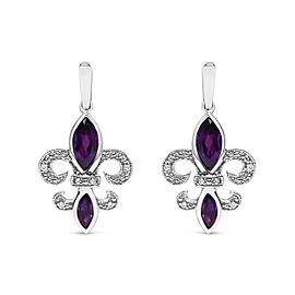 .925 Sterling Silver Marquise Cut Amethyst and Diamond Accent Fleur De Lis Dangle Stud Earrings (H-I Color, SI1-SI2 Clarity)