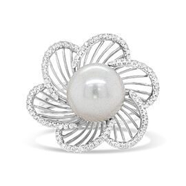 14K White Gold 11mm Round Pearl and 1/3 Cttw Round Diamond Openwork Flower Blossom Ring (H-I Color, VS1-VS2 Clarity) - Size 6.50