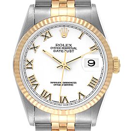 Rolex Datejust Steel Yellow Gold White Roman Dial Mens Watch