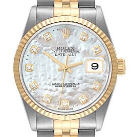 Rolex Datejust Steel Yellow Gold Mother of Pearl Diamond Dial Mens Watch
