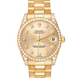 Rolex President 31 Midsize Yellow Gold Diamond Dial Bezel Ladies Watch