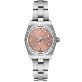 Rolex Oyster Perpetual Salmon Dial Engine Turned Bezel Steel Ladies Watch