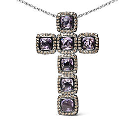 Black Rhodium Plated 18K Rose Gold 1 1/2 Cttw Brown Pave Diamonds and Cushion Cut Rose De France Amethyst Halo Cross 18" Pendant Necklace (Brown Color, SI1-SI2 Clarity)
