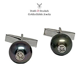 Diamond Tahitian Pearl Cufflinks 11.8 14k Gold Designer Certified $3,450 011593