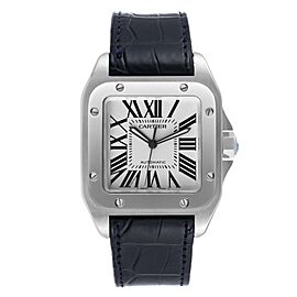 Cartier Santos 100 Silver Dial Black Strap Steel Mens Watch