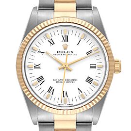 Rolex Oyster Perpetual Steel Yellow Gold White Roman Dial Mens Watch