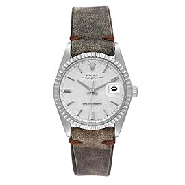 Rolex Datejust Silver Linen Dial Grey Leather Strap Vintage Mens Watch