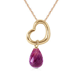 14K Solid Gold Heart Necklace with Dangling Natural Amethyst