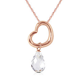 14K Solid Rose Gold Heart Necklace with Dangling Natural White Topaz