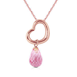 14K Solid Rose Gold Heart Necklace with Dangling Natural Pink Topaz