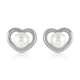 14K Solid White Gold Heartstud Earrings with Natural Cultured Pearls