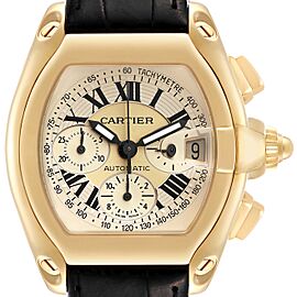 Cartier Roadster Chronograph Yellow Gold Black Strap Mens Watch