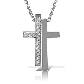 14K Solid White Gold Split Cross Necklace with Natural Diamonds