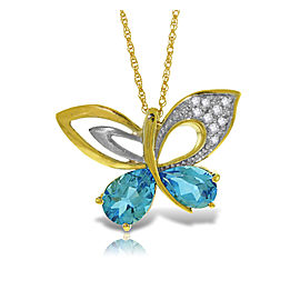 14K Solid Gold Batterfly Necklace with Natural Diamonds & Blue Topaz