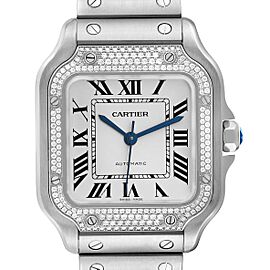 Cartier Santos Silver Dial Steel Diamond Mens Watch