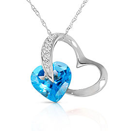 14K Solid White Gold Heart Necklace with Natural Diamonds & Blue Topaz