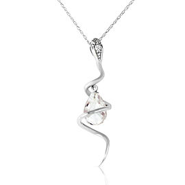 14K Solid White Gold Snake Necklace with Dangling Briolette White Topaz & Diamond