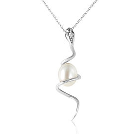 14K Solid White Gold Snake Necklace with Cultured Pearll Shape Natural Cultured Pearl & Diamond