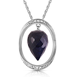 14K Solid White Gold Necklace with Diamonds & Briolette Pointy Drop Dyed Sapphire